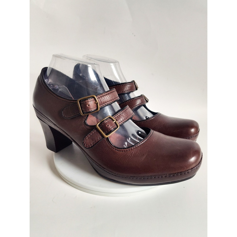 Clarks Artisan Mary Jane Heels 10 Double Strap Brown Buckle Leather Retro Office